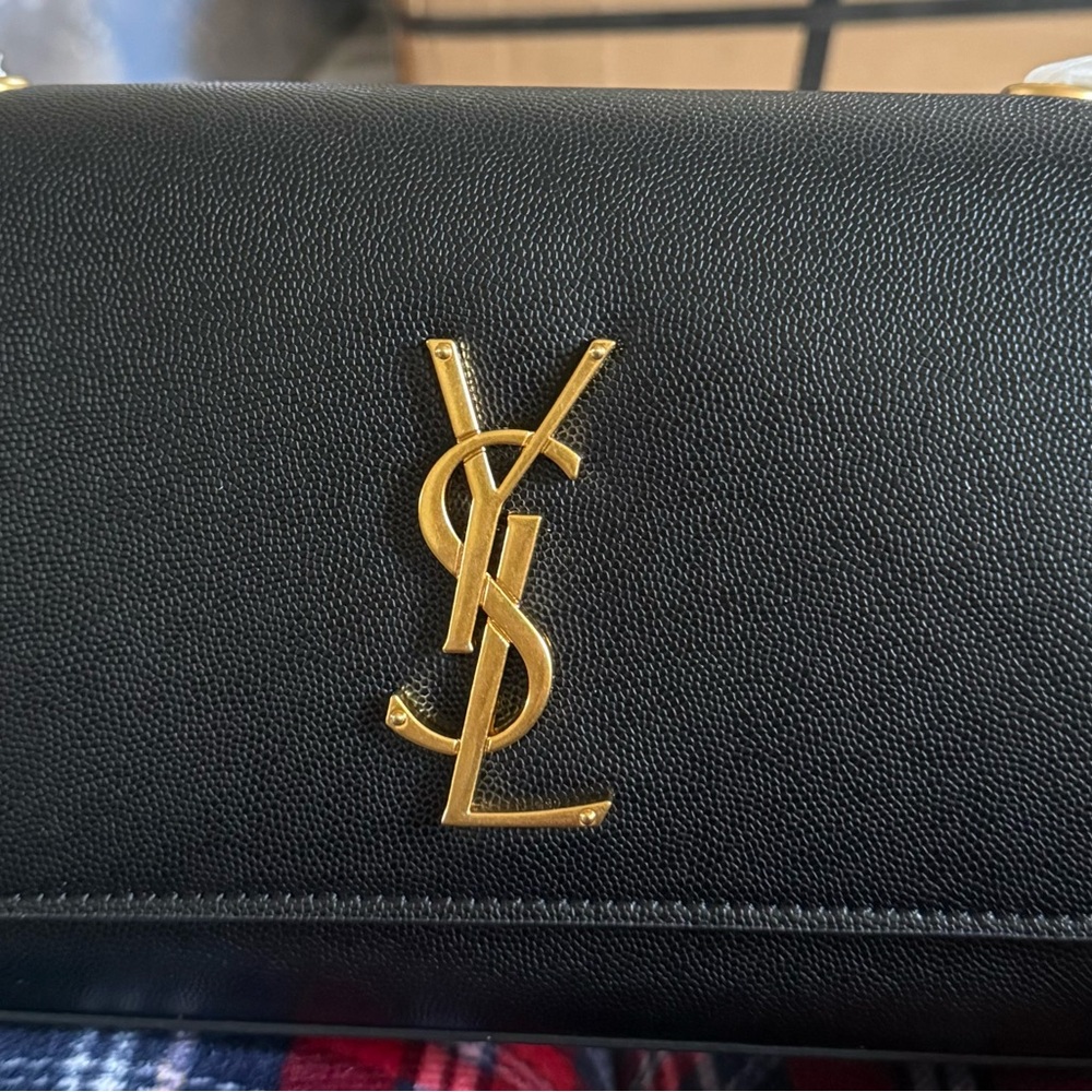 Yves Saint Laurent Black and Gold Shoulder Bag with Iconic Logo